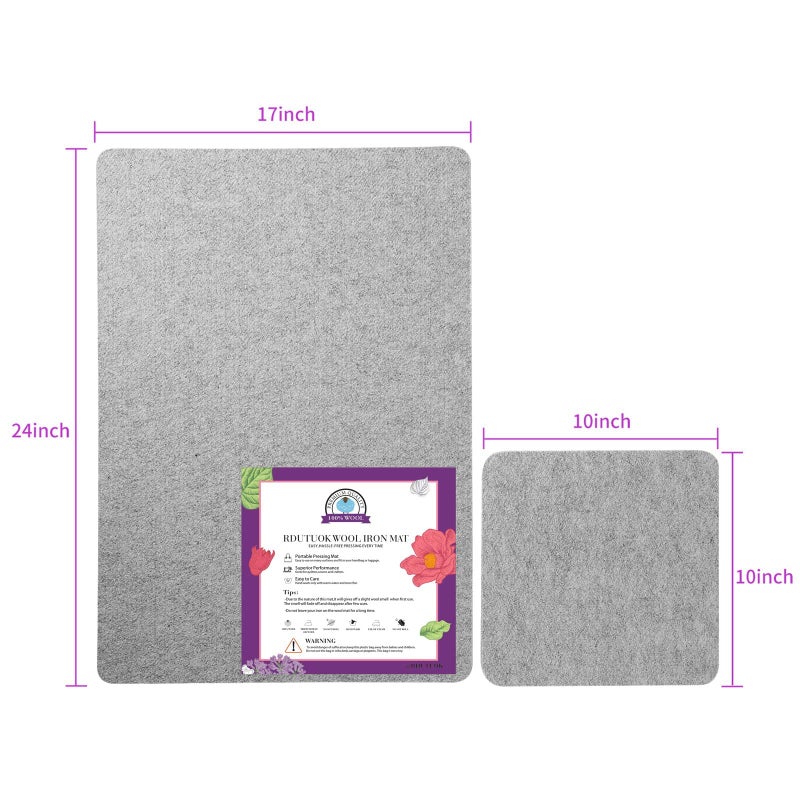 Rdutuok 17" X 24" and 10" X 10" Wool Pressing Mat 100% New Zealand Felted Wool Ironing Mat Pad Quilting Wooly Felted Iron Board for Quilter, Sewing, Quilting Supplies - Image 3